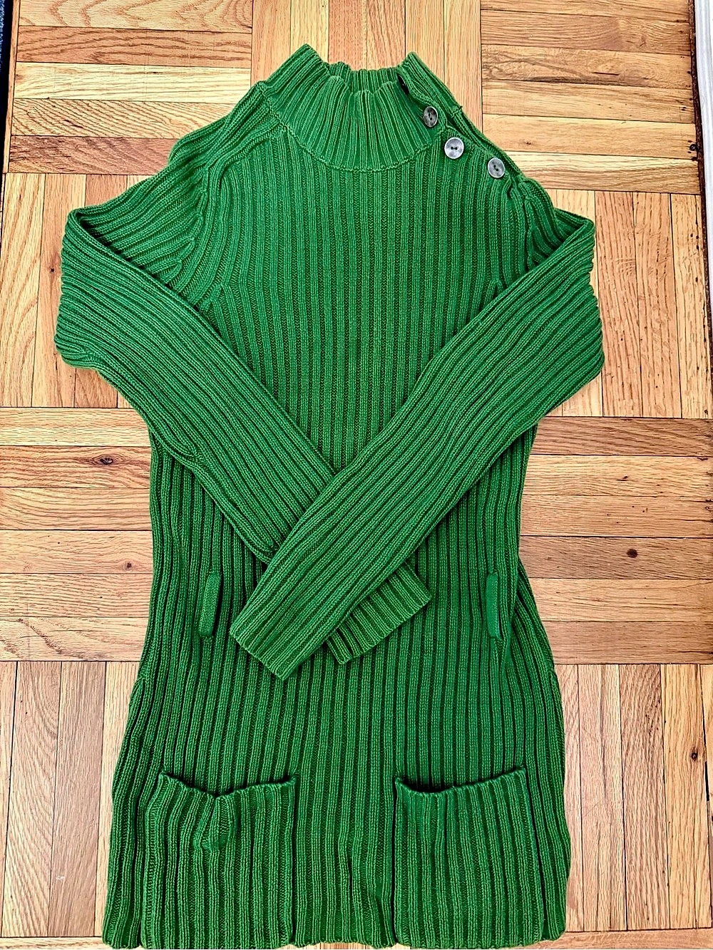 Sparrow Green Ribbed Sweater Dress Mock Neck Button Shoulder M